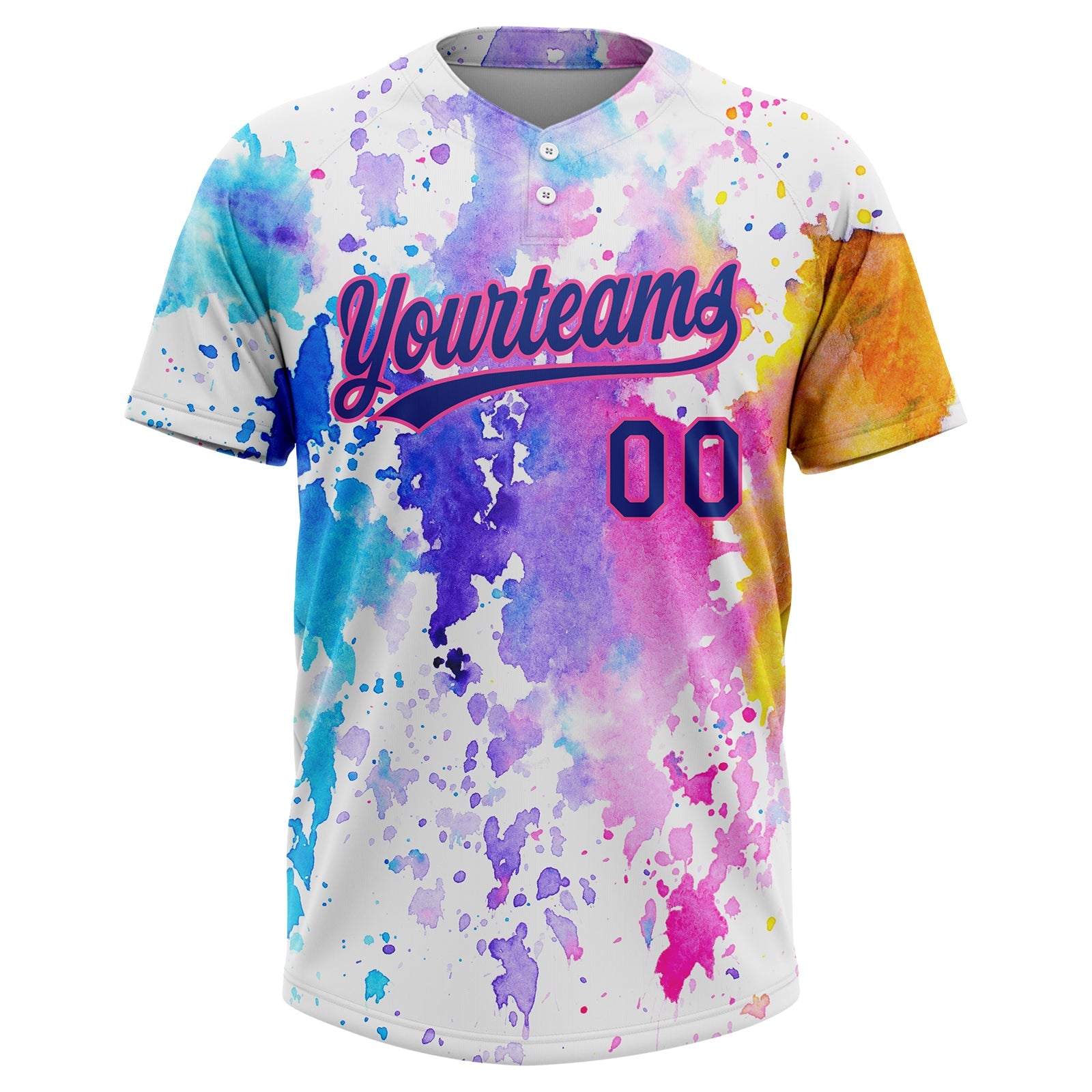 Custom White Royal-Pink Watercolor Spalsh Two-Button Unisex Softball Jersey view 2