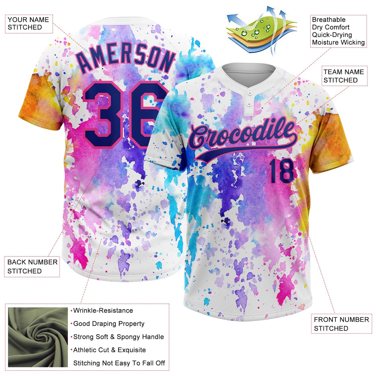 Custom White Royal-Pink Watercolor Spalsh Two-Button Unisex Softball Jersey view 3