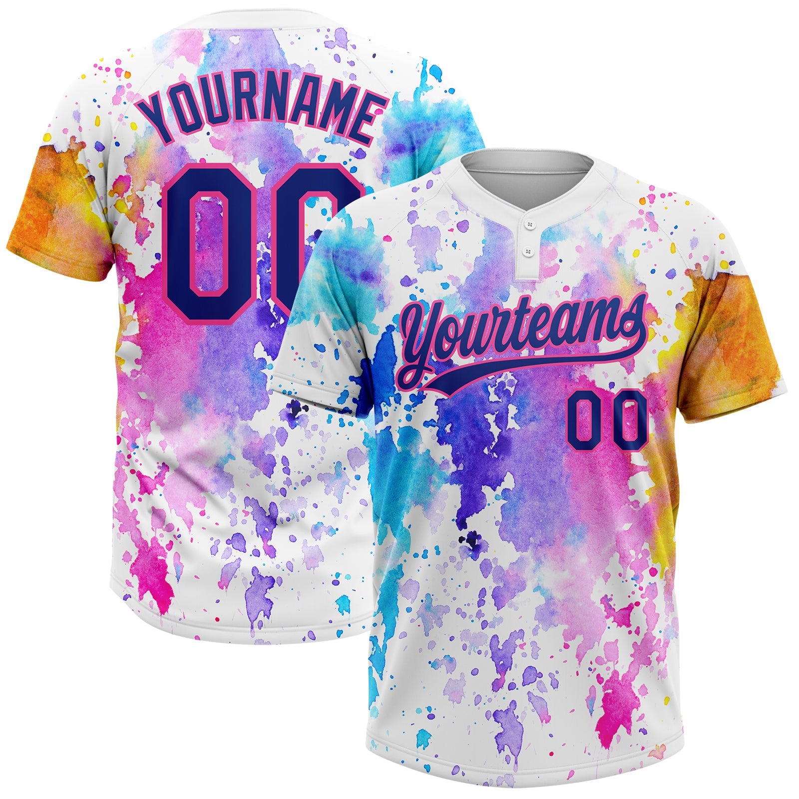 Custom White Royal-Pink Watercolor Spalsh Two-Button Unisex Softball Jersey - Main View