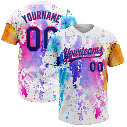 Custom White Royal-Pink Watercolor Spalsh Two-Button Unisex Softball Jersey - Main View