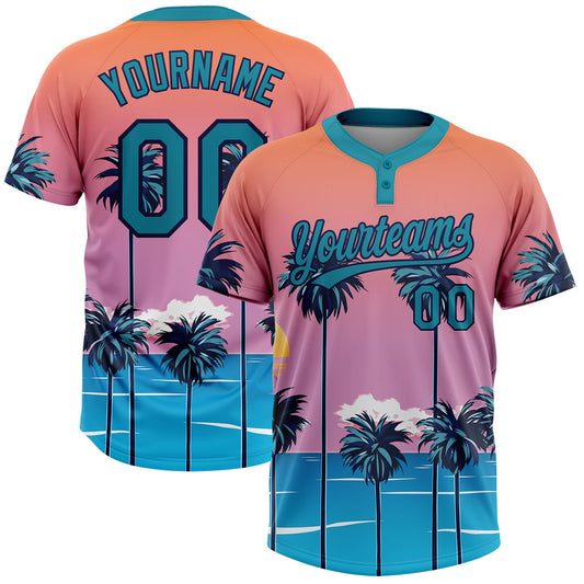 Custom Orange Teal-Navy Sun Beach Hawaii Palm Trees Two-Button Unisex Softball Jersey - Main View