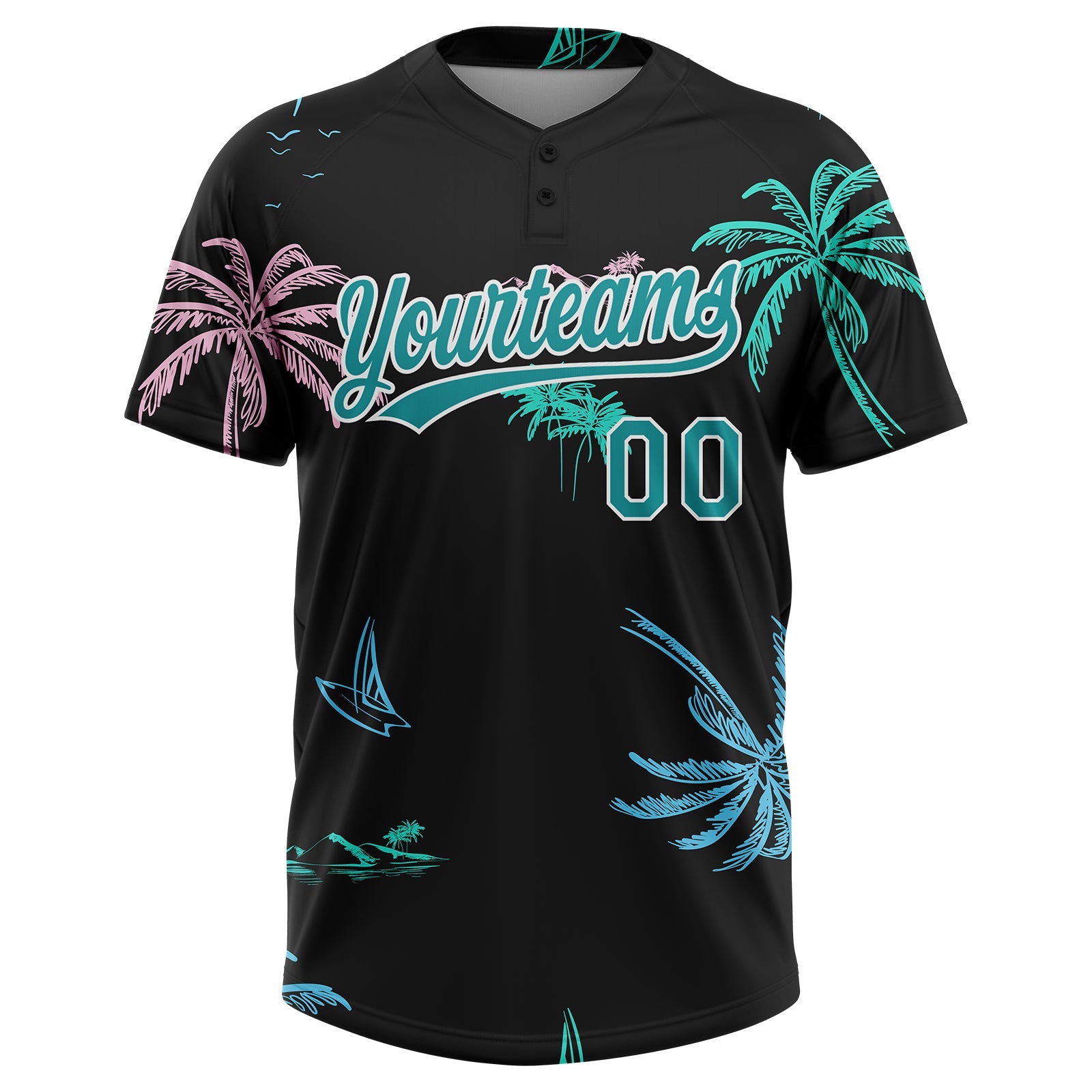 Custom Black Teal-White Hawaii Palm Trees Two-Button Unisex Softball Jersey view 2