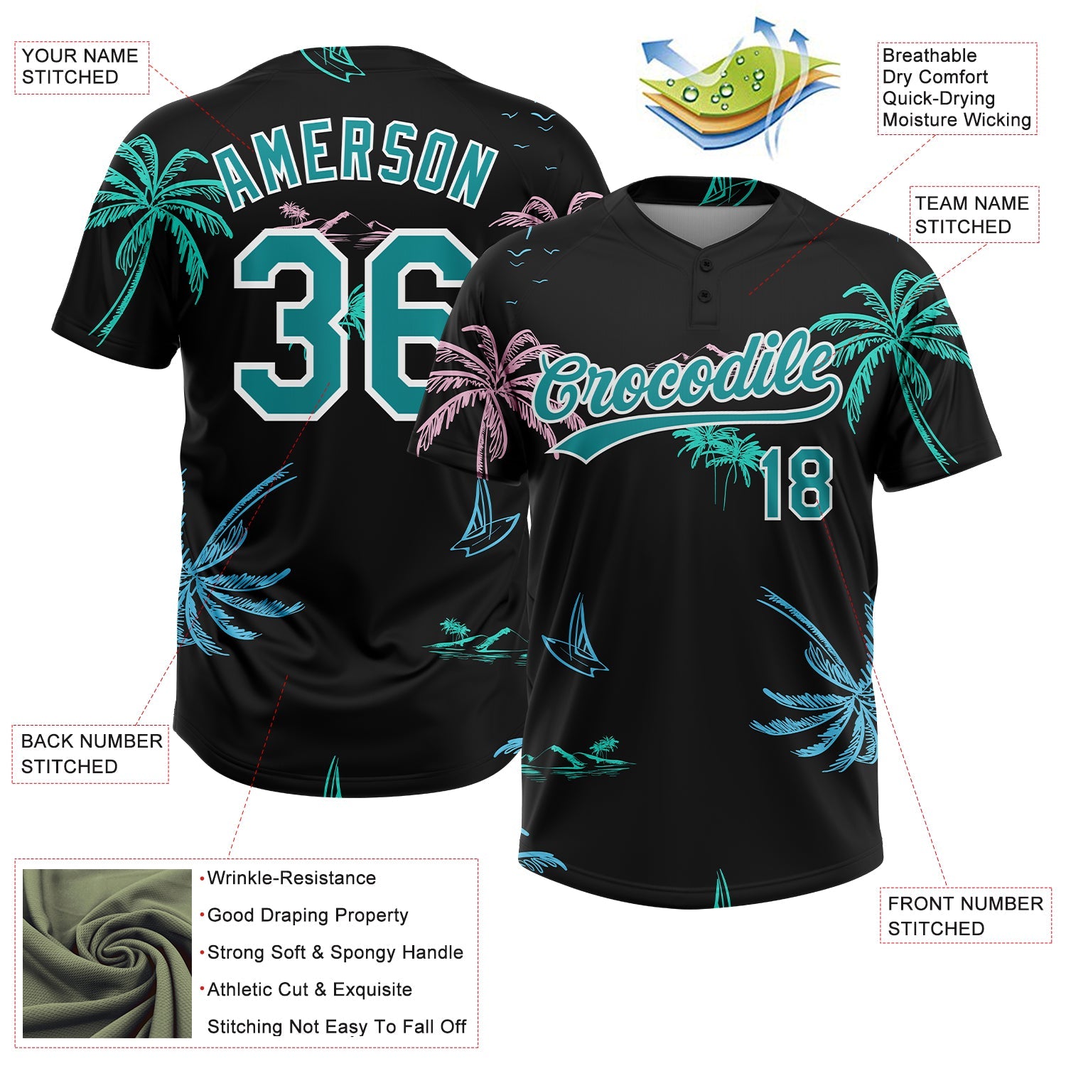 Custom Black Teal-White Hawaii Palm Trees Two-Button Unisex Softball Jersey view 3