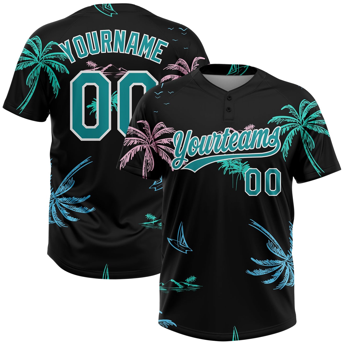 Custom Black Teal-White Hawaii Palm Trees Two-Button Unisex Softball Jersey - Main View