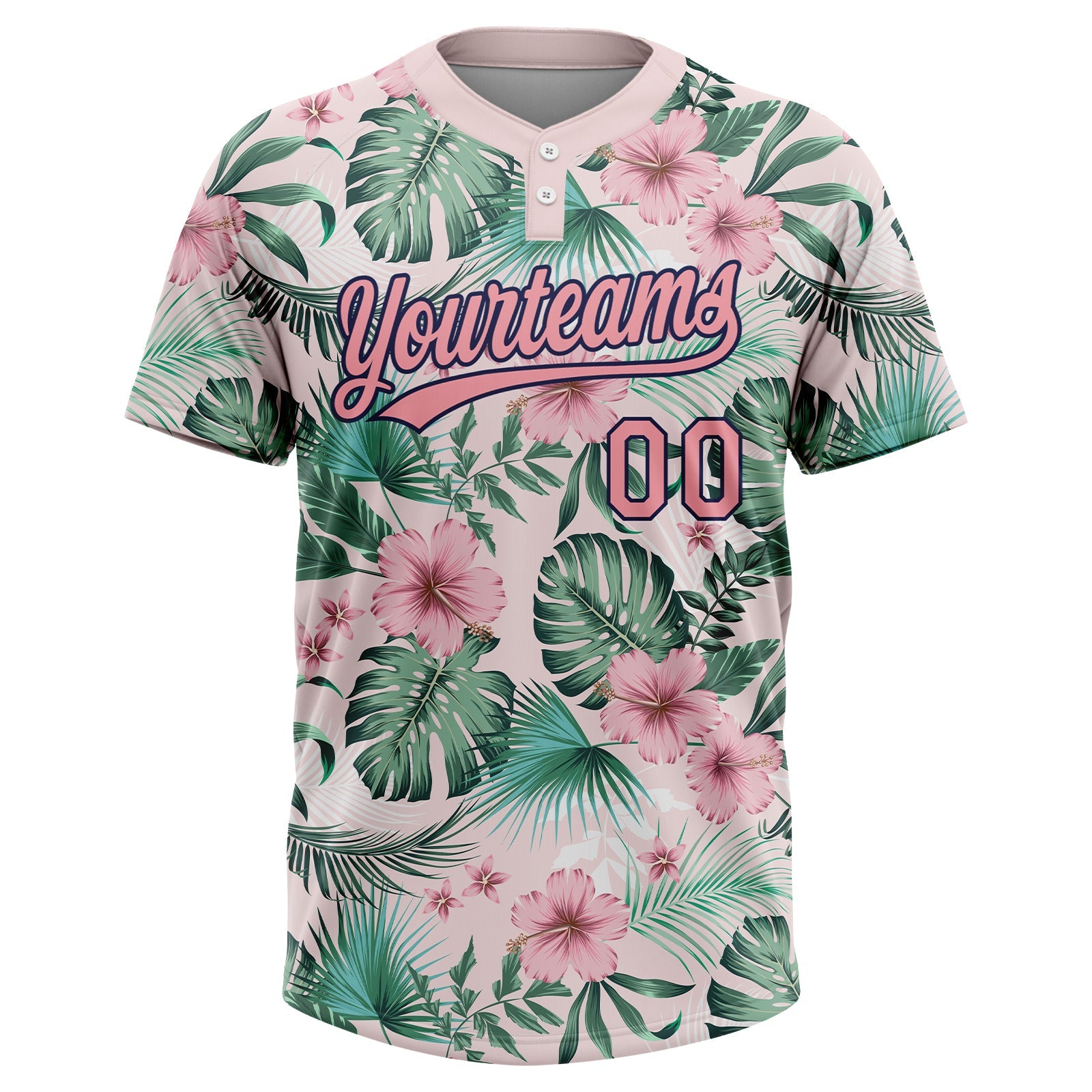 Custom White Medium Pink-Navy Hawaii Palm Leaves And Flowers Two-Button Unisex Softball Jersey view 2