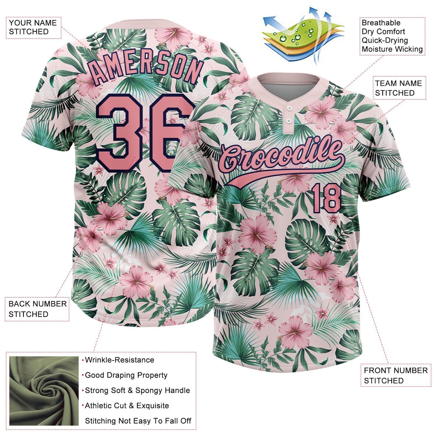 Custom White Medium Pink-Navy Hawaii Palm Leaves And Flowers Two-Button Unisex Softball Jersey view 3