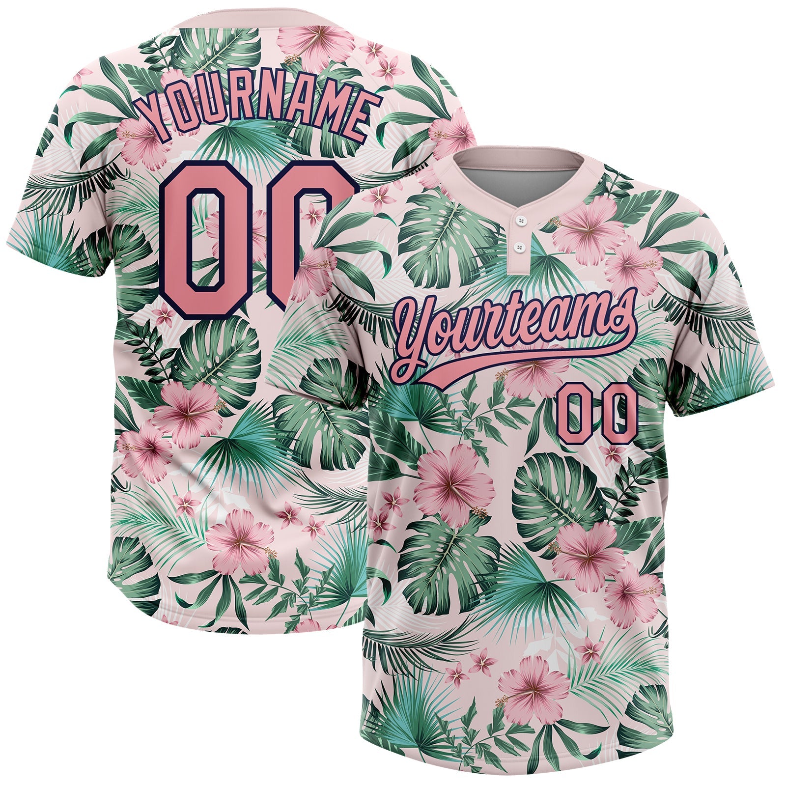 Custom White Medium Pink-Navy Hawaii Palm Leaves And Flowers Two-Button Unisex Softball Jersey - Main View