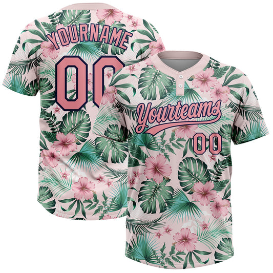 Custom White Medium Pink-Navy Hawaii Palm Leaves And Flowers Two-Button Unisex Softball Jersey - Main View