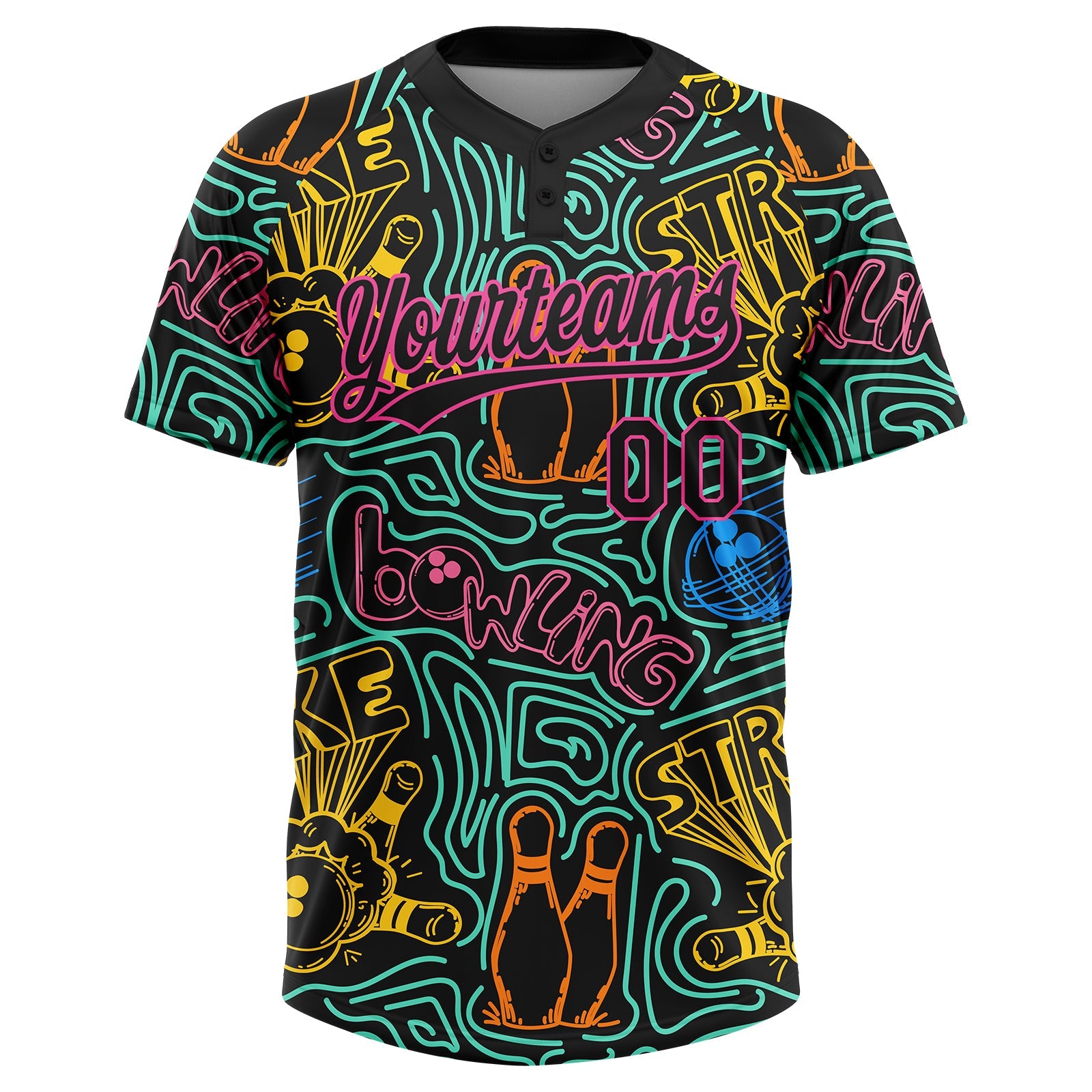 Custom Black Pink Bowling 3D Pattern Design Two-Button Unisex Softball Jersey view 2