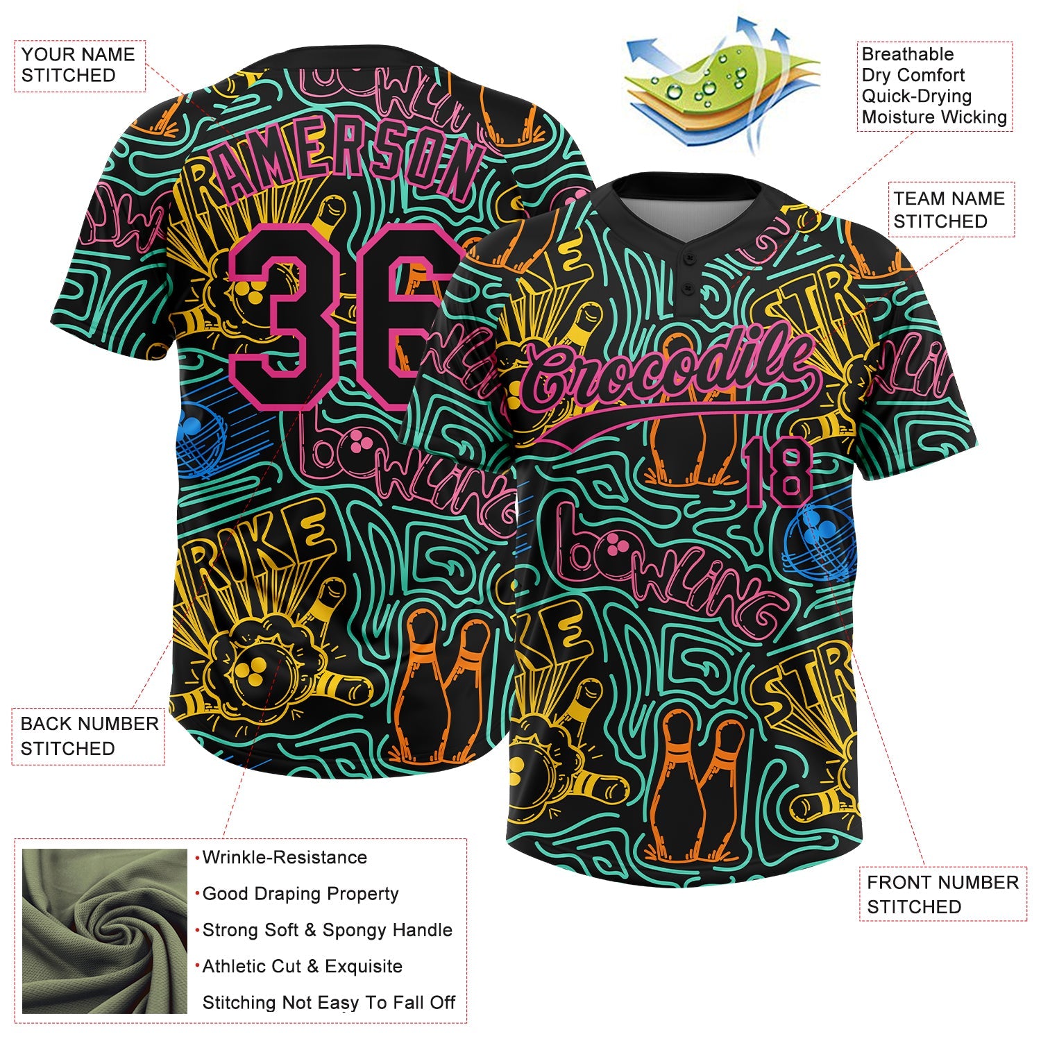 Custom Black Pink Bowling 3D Pattern Design Two-Button Unisex Softball Jersey view 3