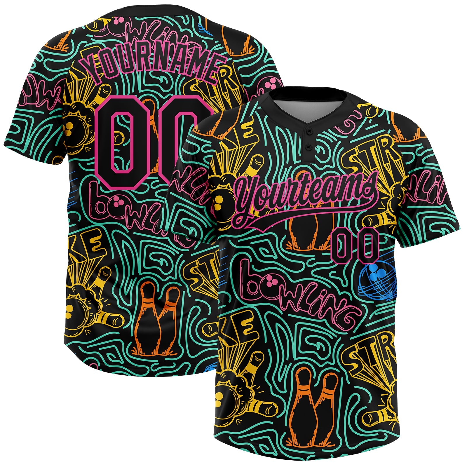 Custom Black Pink Bowling 3D Pattern Design Two-Button Unisex Softball Jersey - Main View