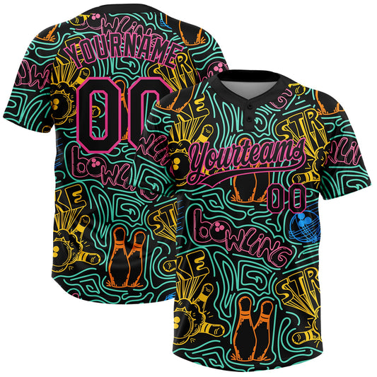 Custom Black Pink Bowling 3D Pattern Design Two-Button Unisex Softball Jersey - Main View