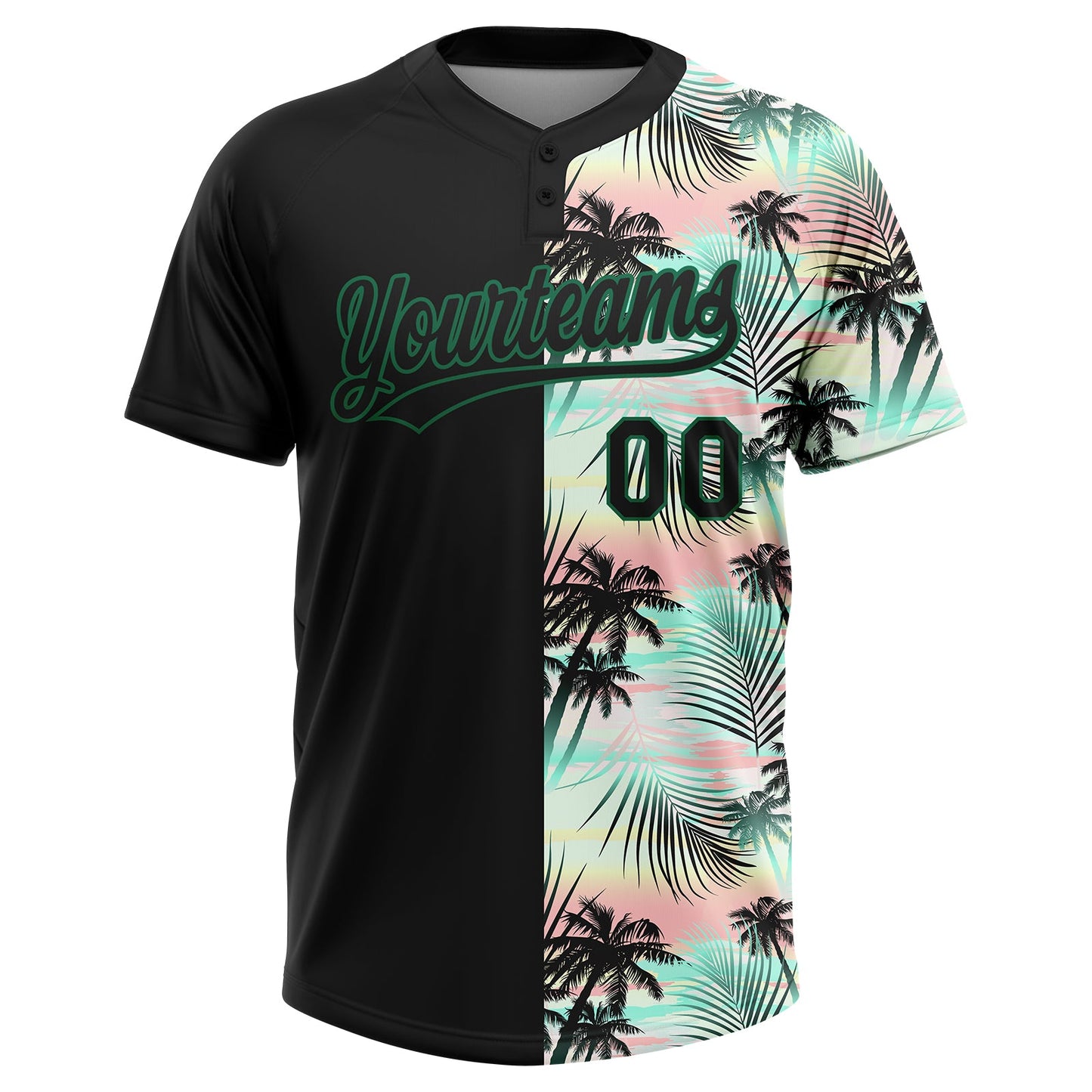 Custom Black Kelly Green Tropical Palm Leaves Two-Button Unisex Softball Jersey view 2