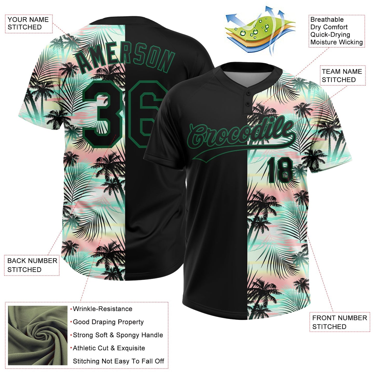 Custom Black Kelly Green Tropical Palm Leaves Two-Button Unisex Softball Jersey view 3