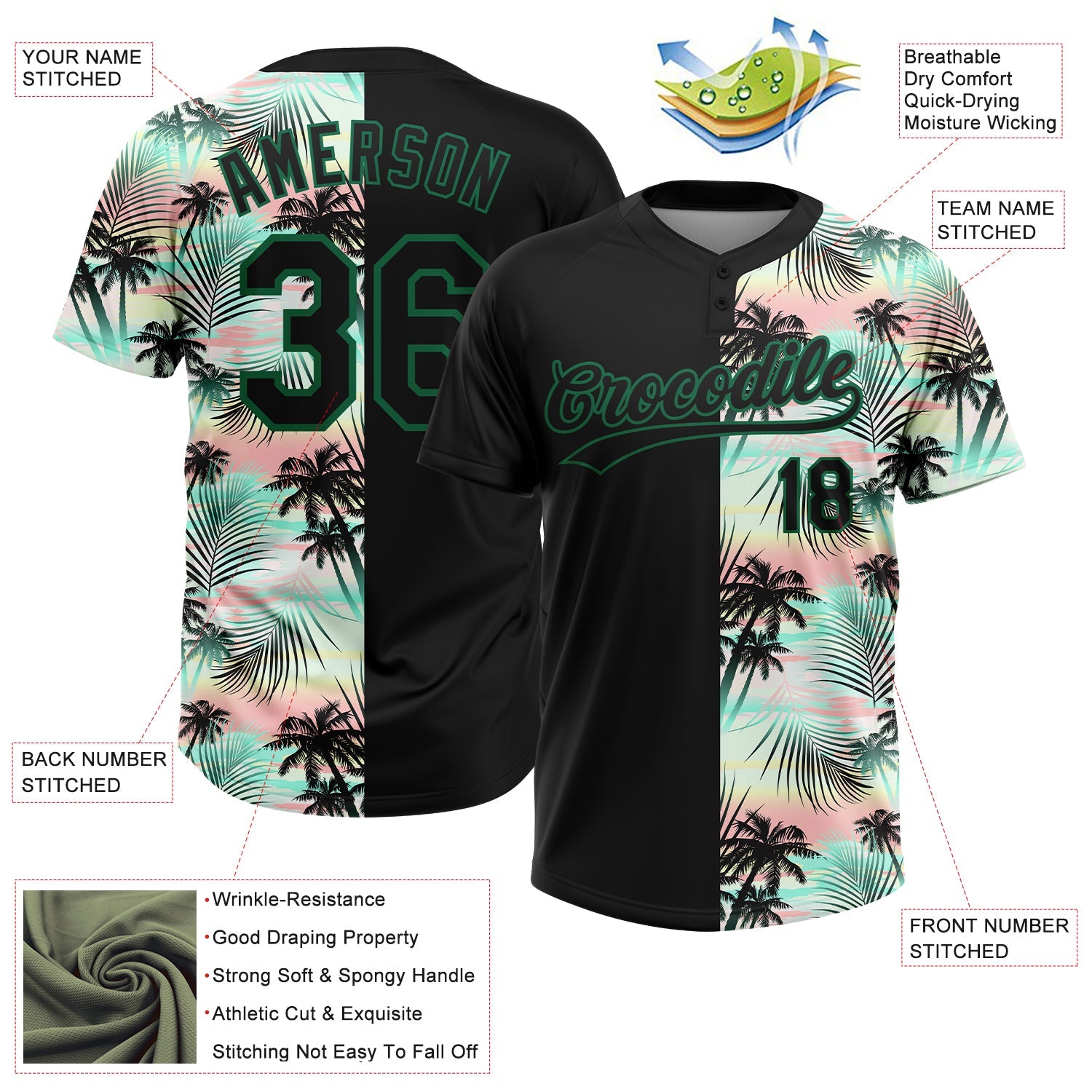 Custom Black Kelly Green Tropical Palm Leaves Two-Button Unisex Softball Jersey view 3
