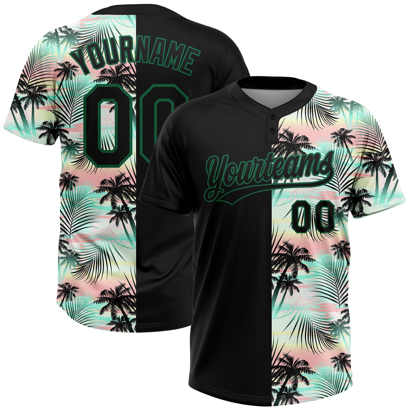 Custom Black Kelly Green Tropical Palm Leaves Two-Button Unisex Softball Jersey - Main View