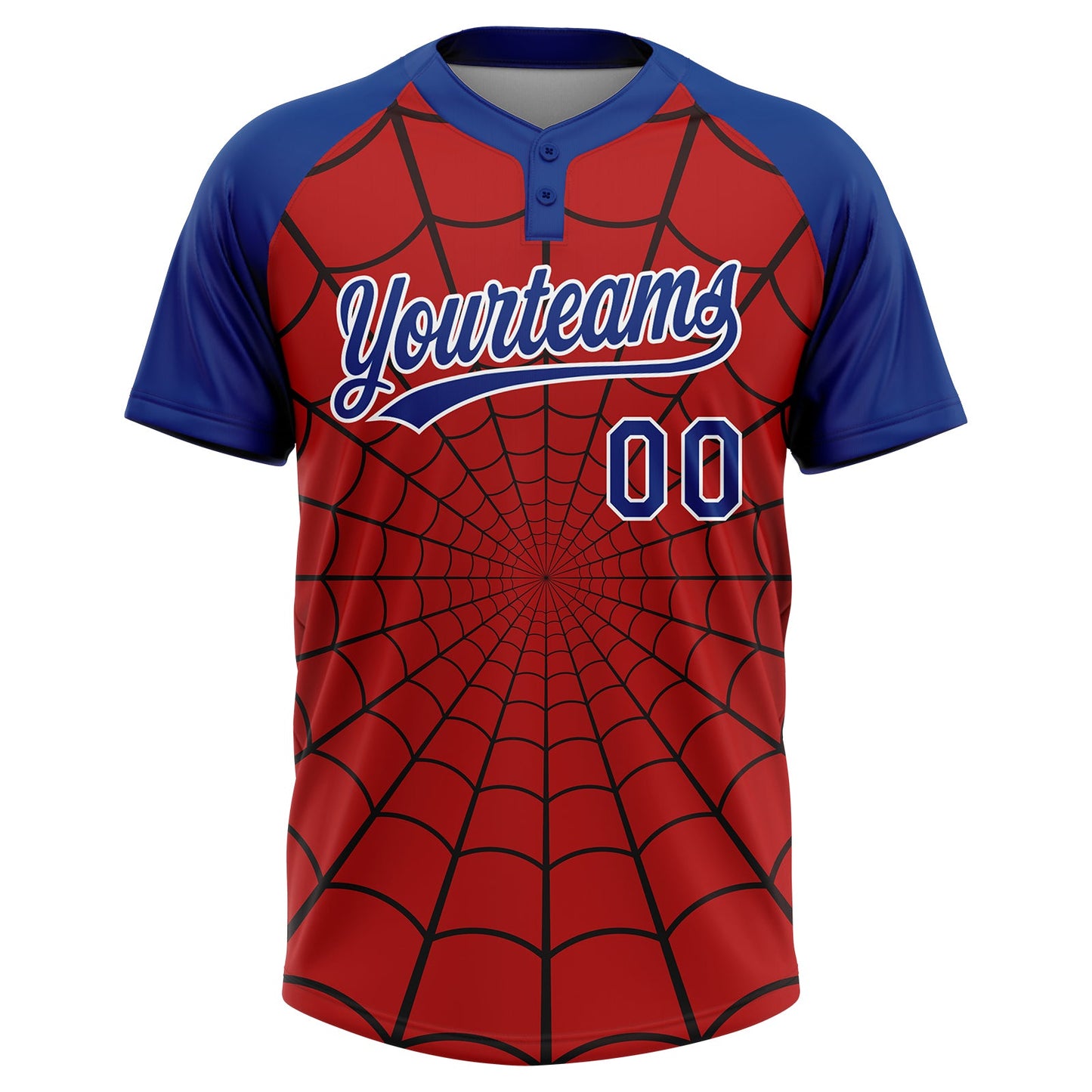 Custom Red Royal-White Spider Web 3D Pattern Design Two-Button Unisex Softball Jersey view 2