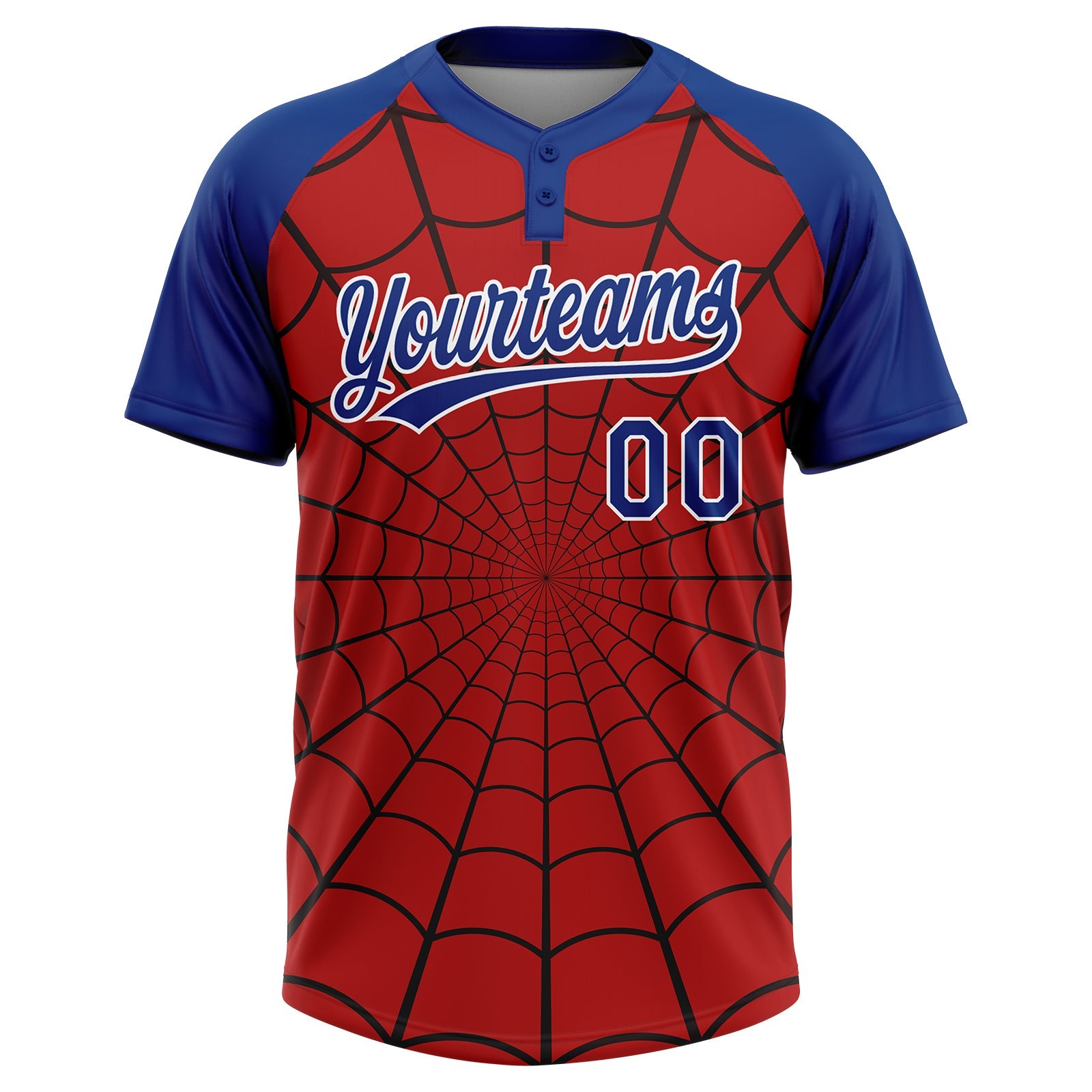 Custom Red Royal-White Spider Web 3D Pattern Design Two-Button Unisex Softball Jersey view 2