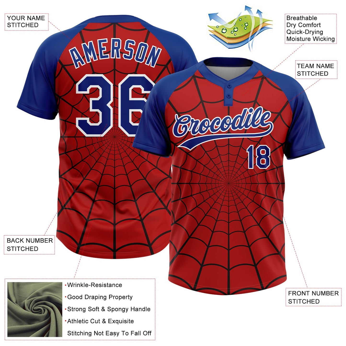 Custom Red Royal-White Spider Web 3D Pattern Design Two-Button Unisex Softball Jersey view 3