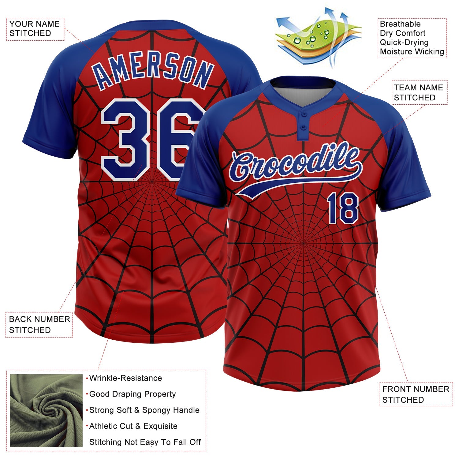 Custom Red Royal-White Spider Web 3D Pattern Design Two-Button Unisex Softball Jersey view 3