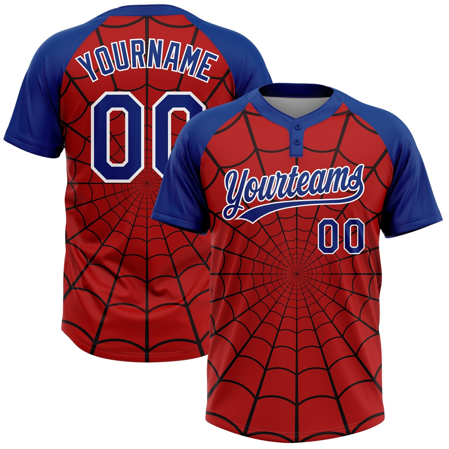 Custom Red Royal-White Spider Web 3D Pattern Design Two-Button Unisex Softball Jersey - Main View