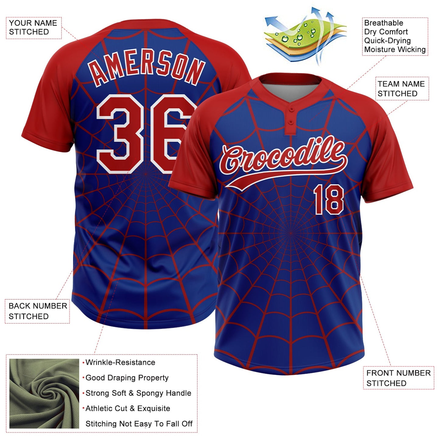 Custom Royal Red-White Spider Web 3D Pattern Design Two-Button Unisex Softball Jersey view 3