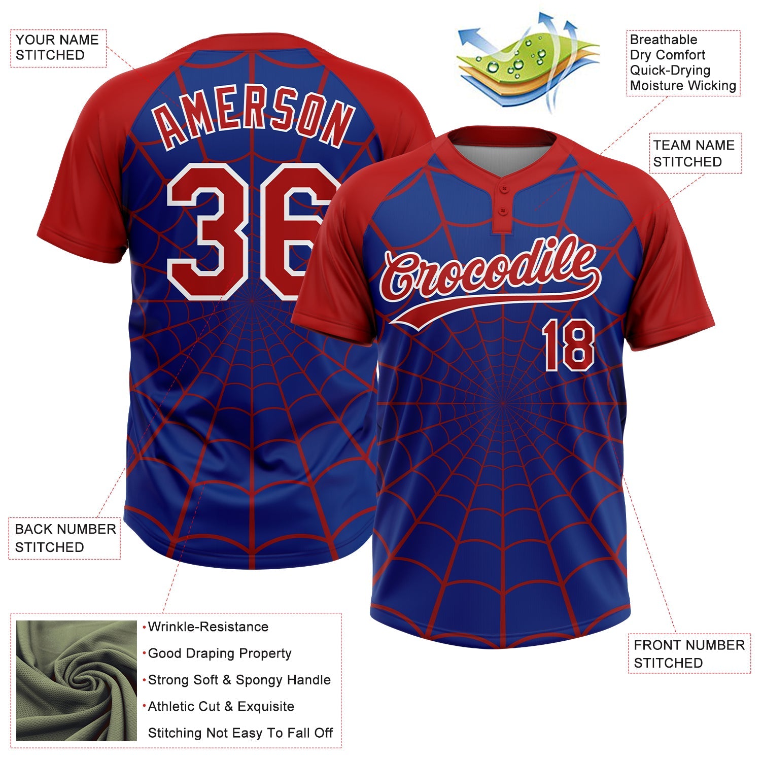 Custom Royal Red-White Spider Web 3D Pattern Design Two-Button Unisex Softball Jersey view 3