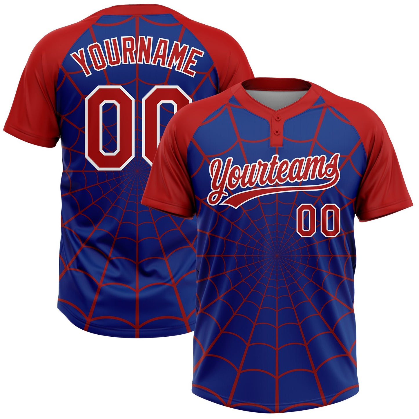 Custom Royal Red-White Spider Web 3D Pattern Design Two-Button Unisex Softball Jersey - Main View