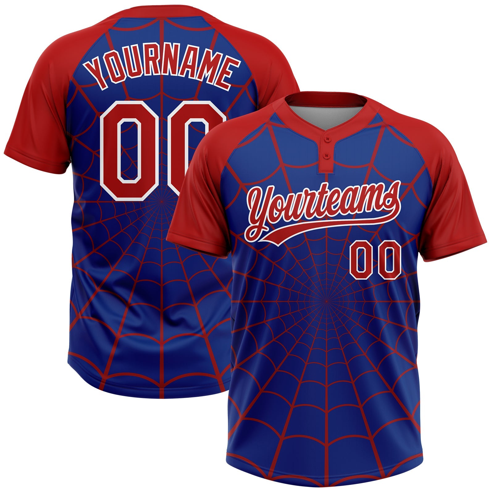 Custom Royal Red-White Spider Web 3D Pattern Design Two-Button Unisex Softball Jersey - Main View