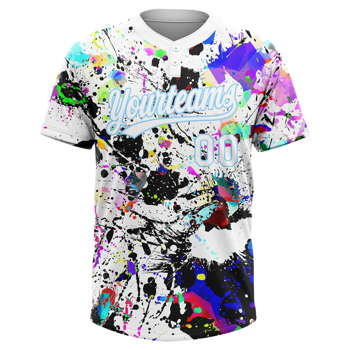 Custom Graffiti Pattern White-Light Blue Splash Two-Button Unisex Softball Jersey view 2