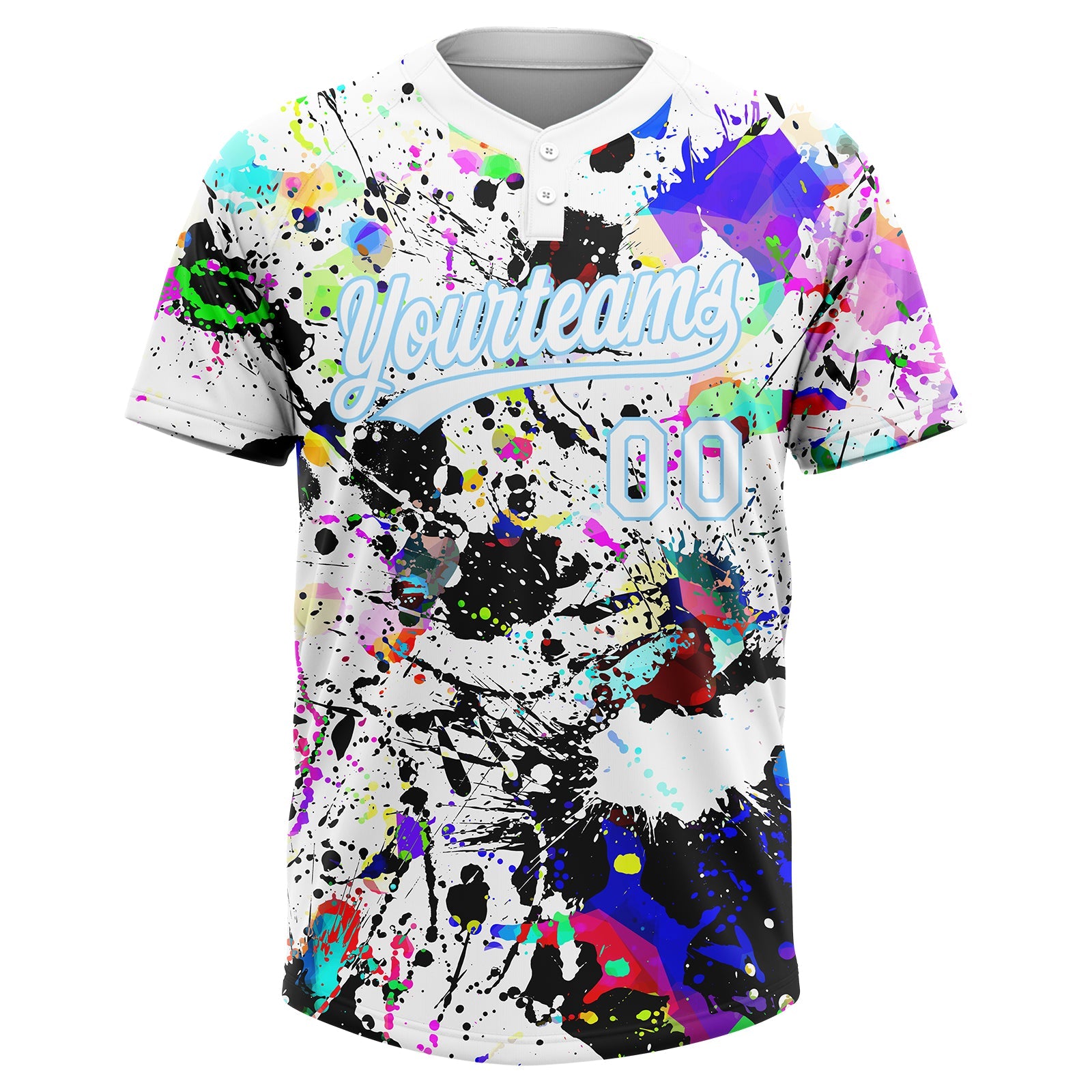 Custom Graffiti Pattern White-Light Blue Splash Two-Button Unisex Softball Jersey view 2