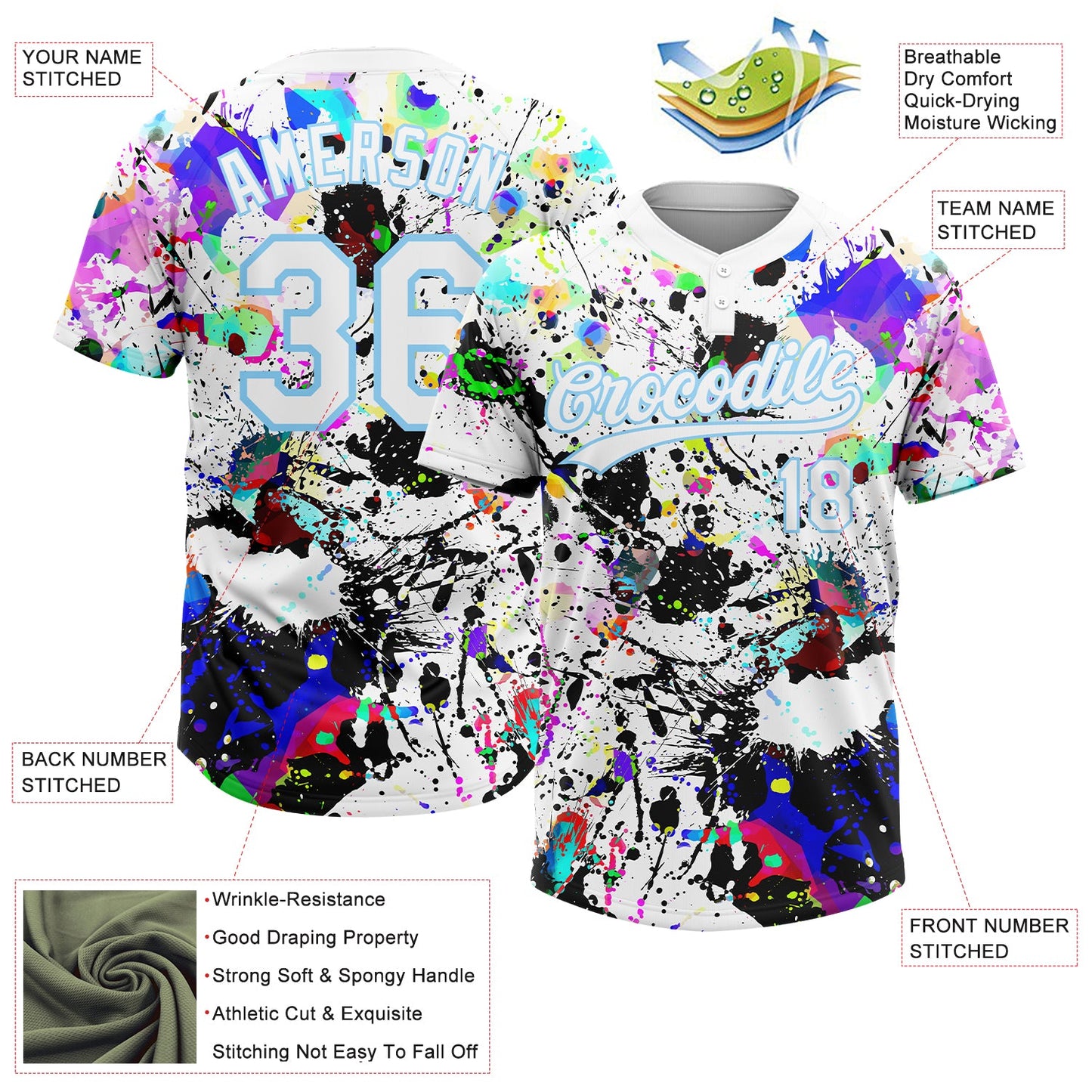 Custom Graffiti Pattern White-Light Blue Splash Two-Button Unisex Softball Jersey view 3