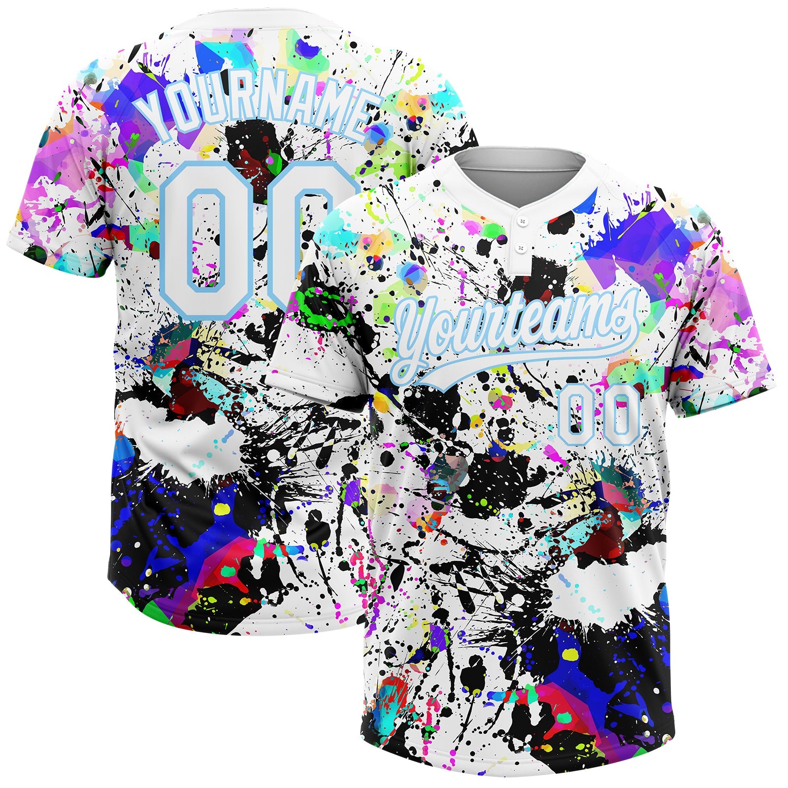 Custom Graffiti Pattern White-Light Blue Splash Two-Button Unisex Softball Jersey - Main View