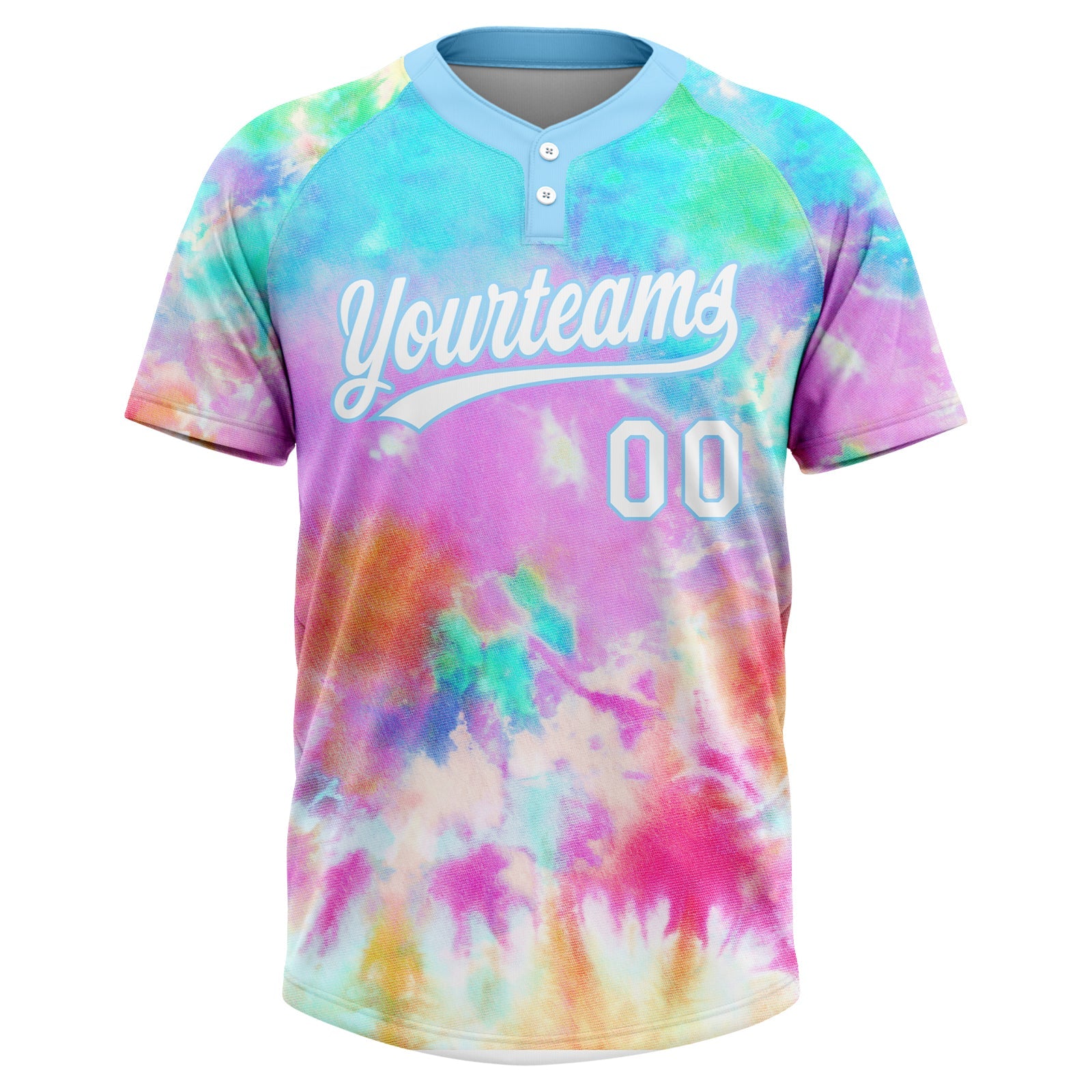 Custom Tie Dye White-Light Blue Rainbow Two-Button Unisex Softball Jersey view 2