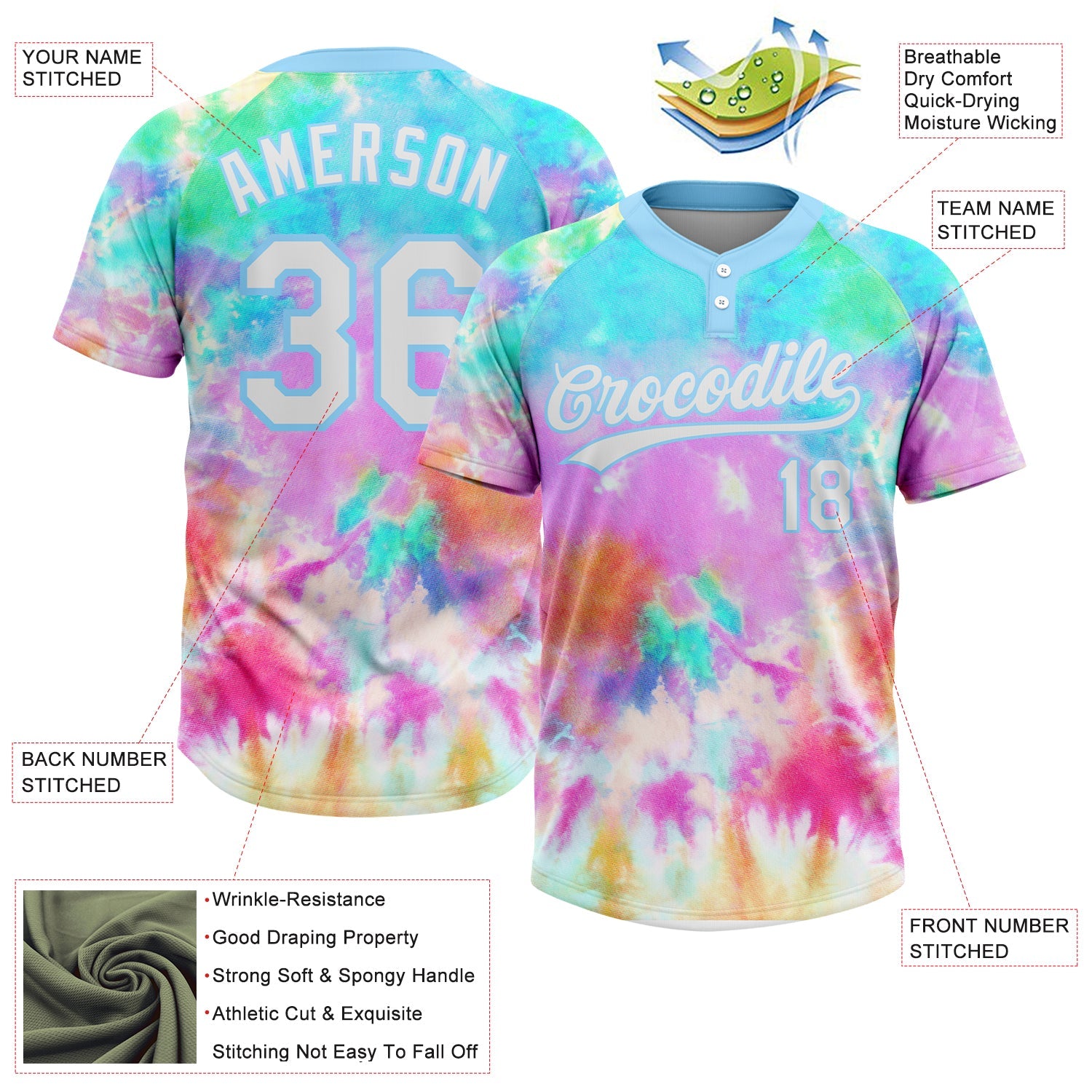 Custom Tie Dye White-Light Blue Rainbow Two-Button Unisex Softball Jersey view 3