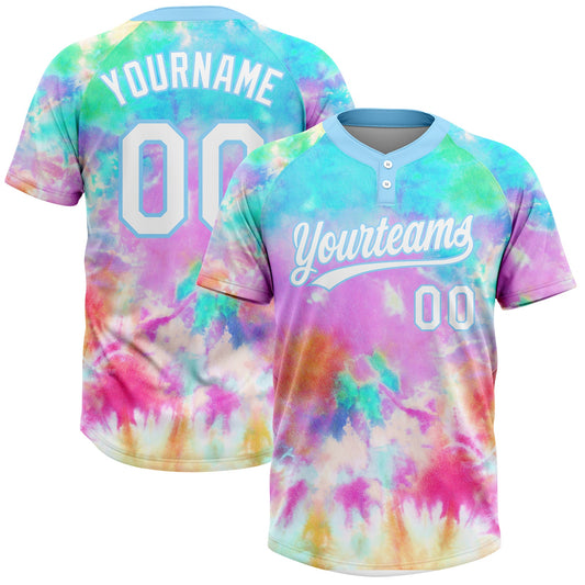 Custom Tie Dye White-Light Blue Rainbow Two-Button Unisex Softball Jersey - Main View