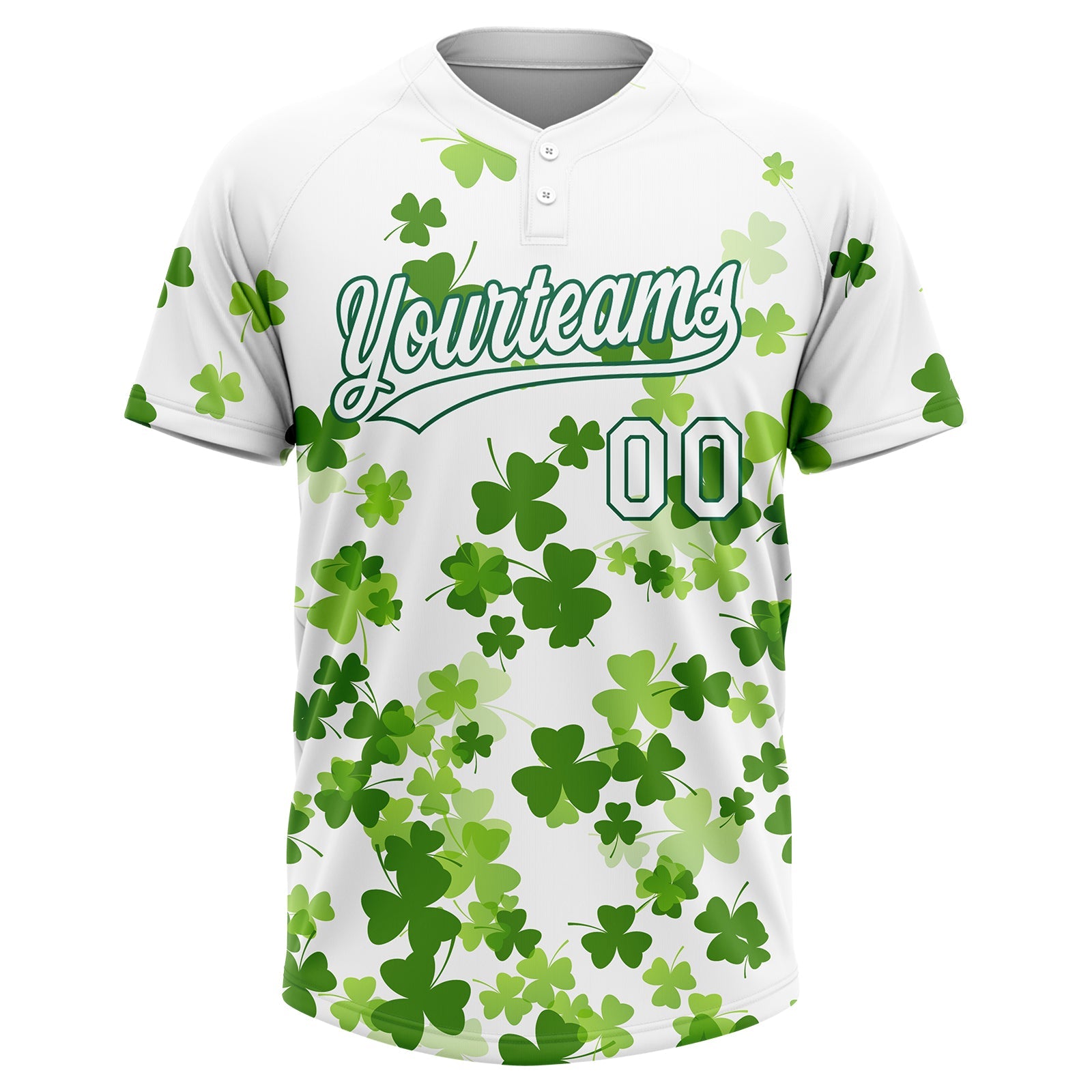 Custom White Kelly Green St.Patrick's Day Shamrock 3D Pattern Design Two-Button Unisex Softball Jersey view 2