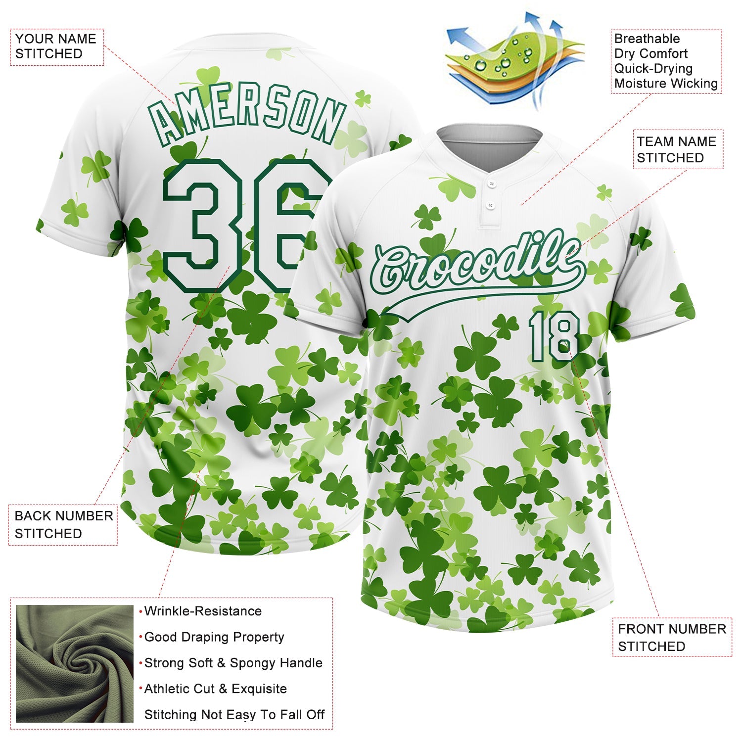 Custom White Kelly Green St.Patrick's Day Shamrock 3D Pattern Design Two-Button Unisex Softball Jersey view 3