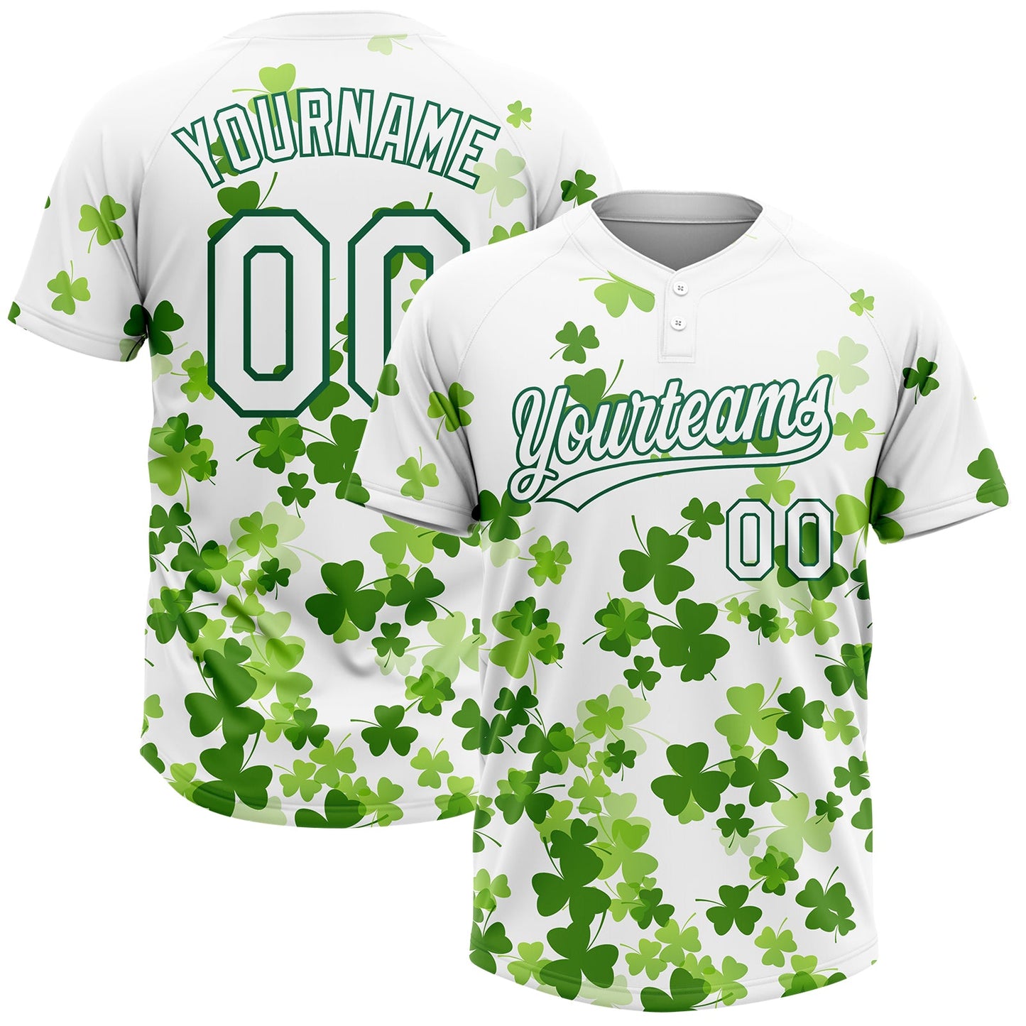 Custom White Kelly Green St.Patrick's Day Shamrock 3D Pattern Design Two-Button Unisex Softball Jersey - Main View