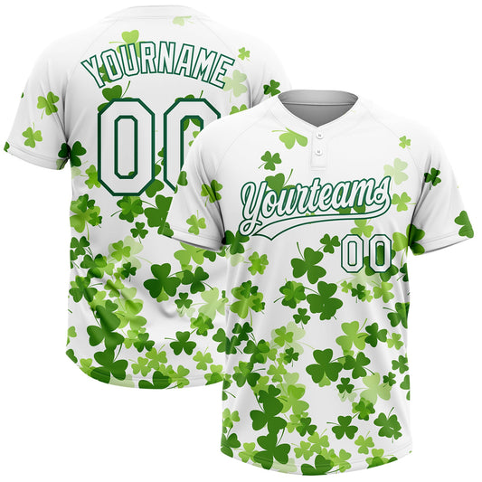 Custom White Kelly Green St.Patrick's Day Shamrock 3D Pattern Design Two-Button Unisex Softball Jersey - Main View