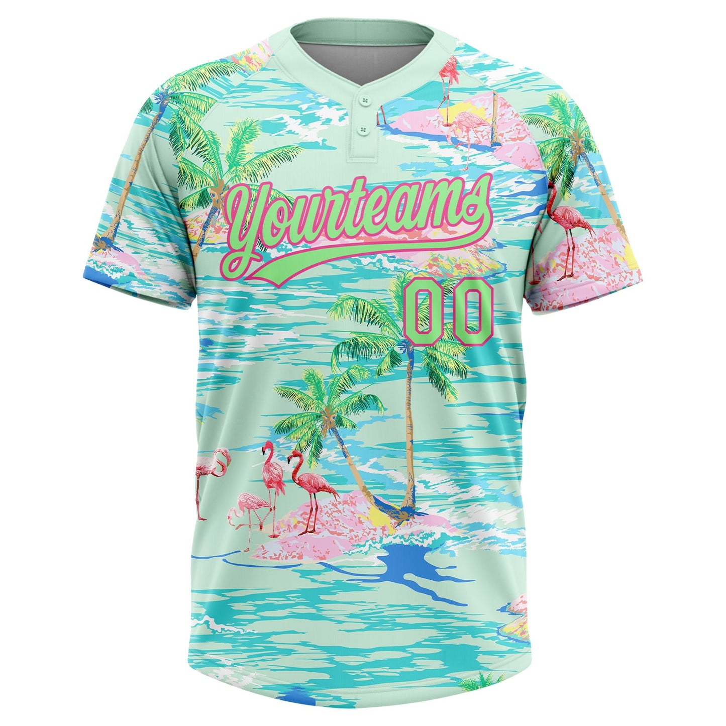 Custom Lakes Blue Pea Green-Pink Beach Hawaii Palm Trees And Flamingo Two-Button Unisex Softball Jersey view 2