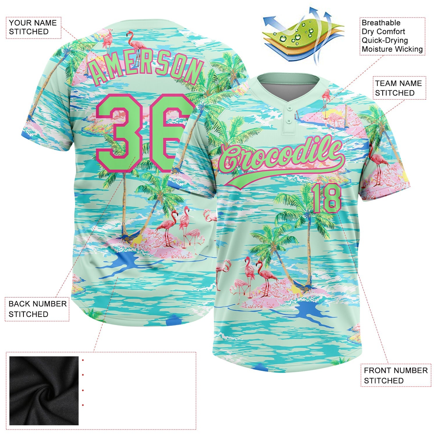Custom Lakes Blue Pea Green-Pink Beach Hawaii Palm Trees And Flamingo Two-Button Unisex Softball Jersey view 3