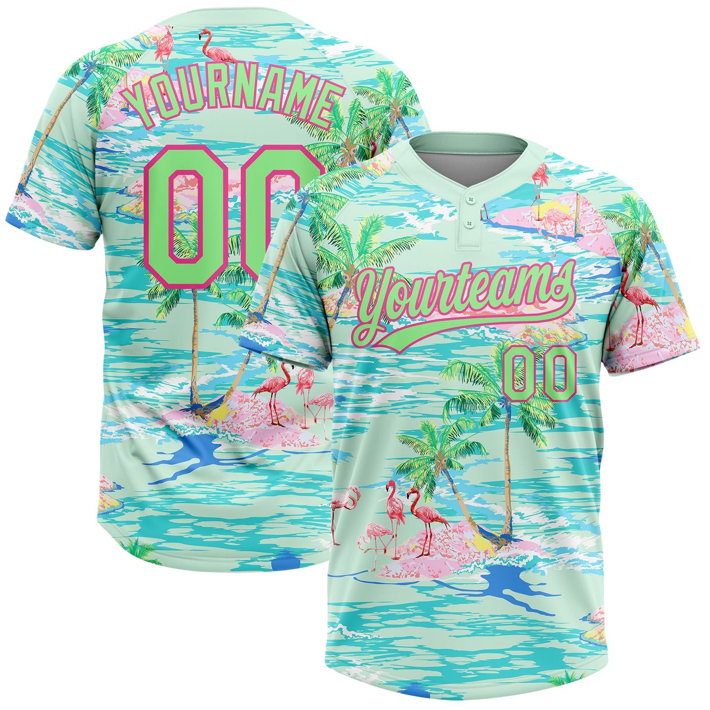 Custom Lakes Blue Pea Green-Pink Beach Hawaii Palm Trees And Flamingo Two-Button Unisex Softball Jersey - Main View