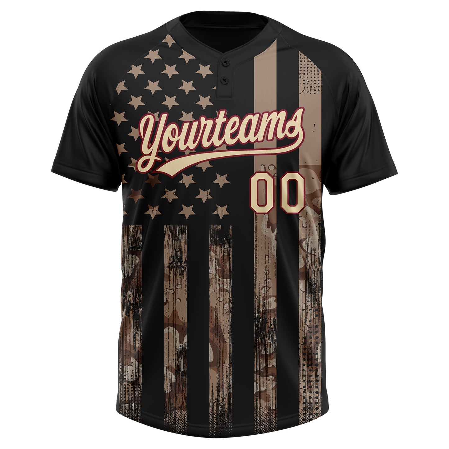 Custom Camo Cream Black-Crimson American Flag Salute To Service Two-Button Unisex Softball Jersey view 2