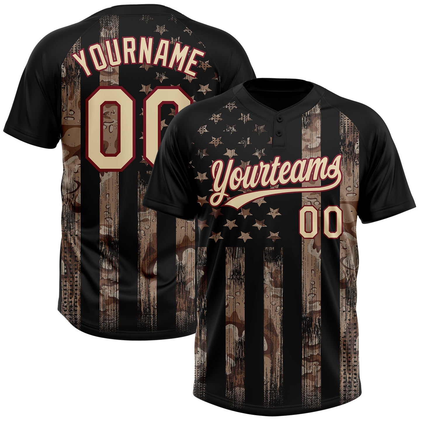 Custom Camo Cream Black-Crimson American Flag Salute To Service Two-Button Unisex Softball Jersey - Main View