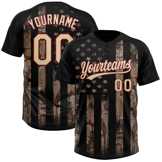 Custom Camo Cream Black-Crimson American Flag Salute To Service Two-Button Unisex Softball Jersey - Main View