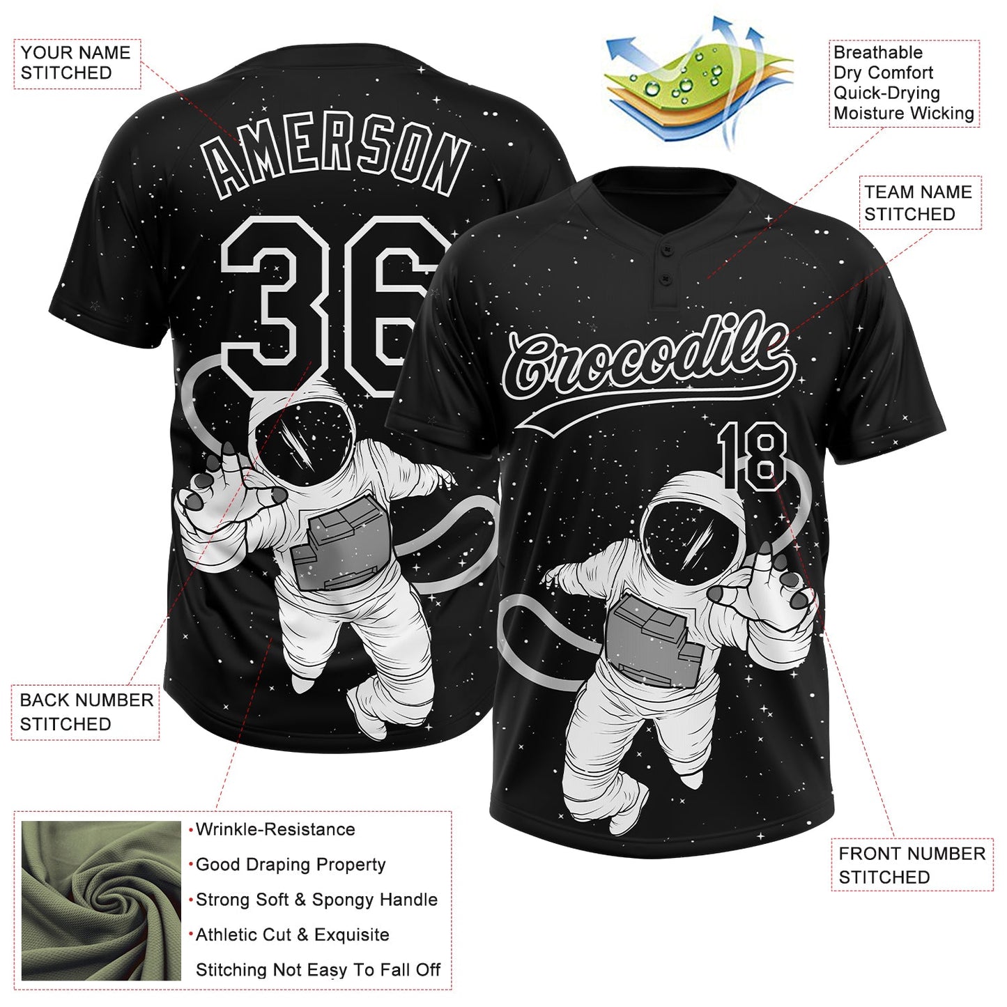 Custom Black White Astronaut 3D Pattern Design Two-Button Unisex Softball Jersey view 3