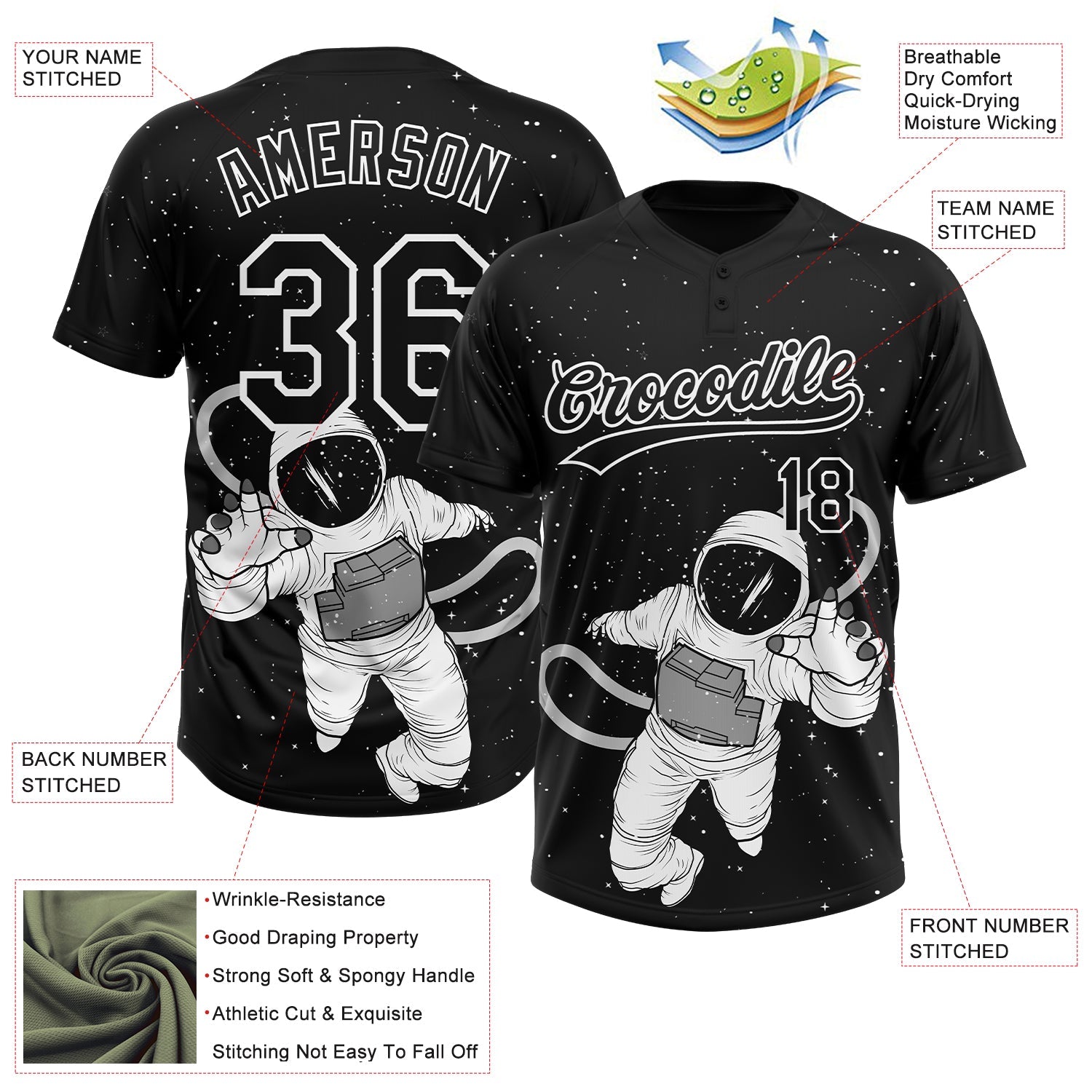 Custom Black White Astronaut 3D Pattern Design Two-Button Unisex Softball Jersey view 3