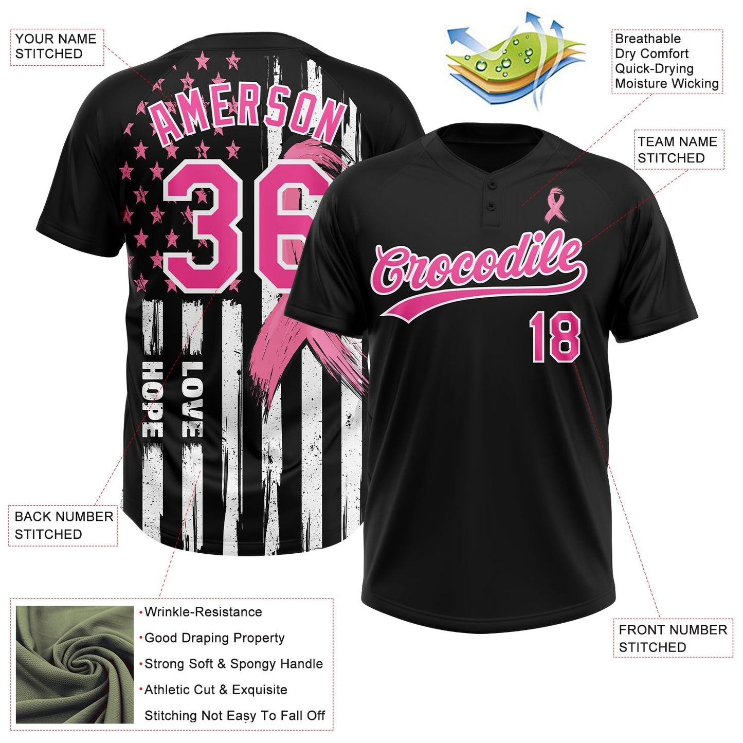 Custom Black Pink-White American Flag With Pink Ribbon Breast Cancer Awareness Month Women Health Care Support Two-Button Unisex Softball Jersey view 3