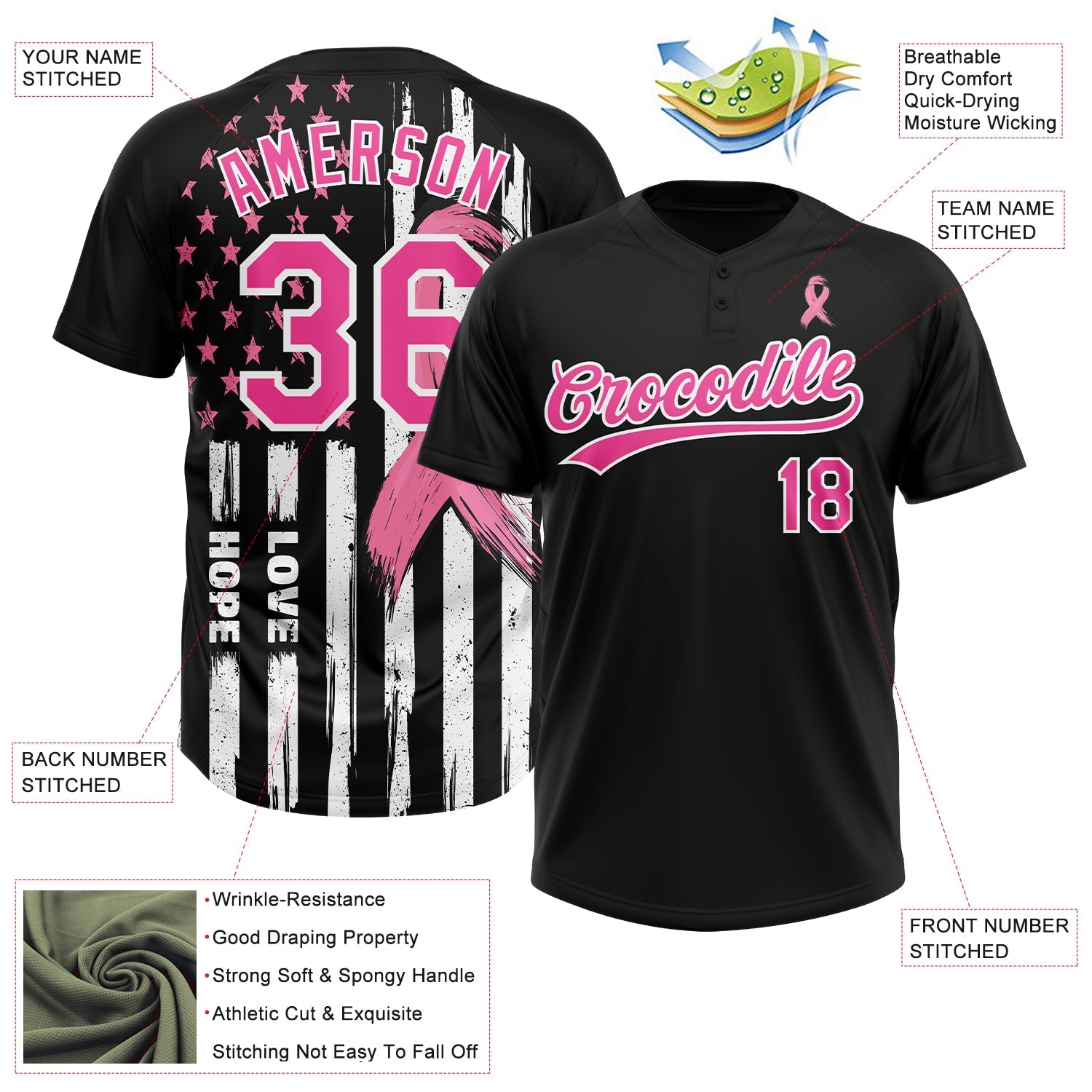 Custom Black Pink-White American Flag With Pink Ribbon Breast Cancer Awareness Month Women Health Care Support Two-Button Unisex Softball Jersey view 3